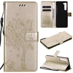 For Motorola Edge Tree & Cat Pattern Pressed Printing Horizontal Flip PU Leather Case with Holder & Card Slots & Wallet & Lanyard(Gold)