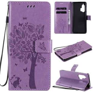 For Motorola Edge+ Tree & Cat Pattern Pressed Printing Horizontal Flip PU Leather Case with Holder & Card Slots & Wallet & Lanyard(Light Purple)