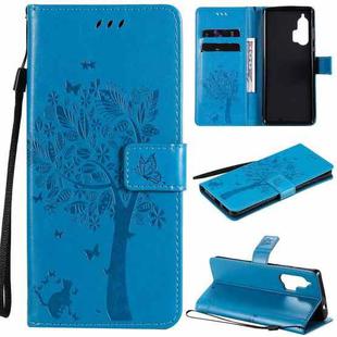 For Motorola Edge+ Tree & Cat Pattern Pressed Printing Horizontal Flip PU Leather Case with Holder & Card Slots & Wallet & Lanyard(Blue)