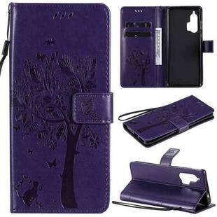 For Motorola Edge+ Tree & Cat Pattern Pressed Printing Horizontal Flip PU Leather Case with Holder & Card Slots & Wallet & Lanyard(Purple)
