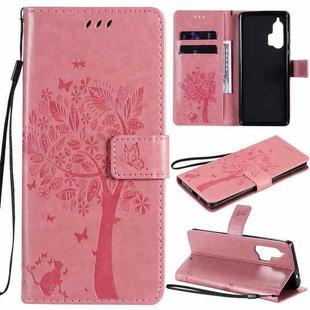 For Motorola Edge+ Tree & Cat Pattern Pressed Printing Horizontal Flip PU Leather Case with Holder & Card Slots & Wallet & Lanyard(Pink)