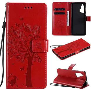 For Motorola Edge+ Tree & Cat Pattern Pressed Printing Horizontal Flip PU Leather Case with Holder & Card Slots & Wallet & Lanyard(Red)