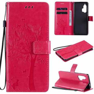 For Motorola Edge+ Tree & Cat Pattern Pressed Printing Horizontal Flip PU Leather Case with Holder & Card Slots & Wallet & Lanyard(Rose Red)