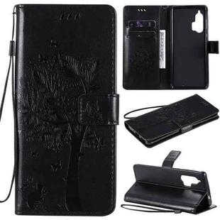 For Motorola Edge+ Tree & Cat Pattern Pressed Printing Horizontal Flip PU Leather Case with Holder & Card Slots & Wallet & Lanyard(Black)