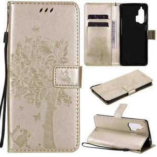 For Motorola Edge+ Tree & Cat Pattern Pressed Printing Horizontal Flip PU Leather Case with Holder & Card Slots & Wallet & Lanyard(Gold)