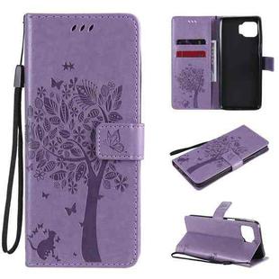 For Motorola Moto G 5G Tree & Cat Pattern Pressed Printing Horizontal Flip PU Leather Case with Holder & Card Slots & Wallet & Lanyard(Light Purple)