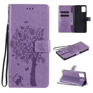 For Motorola Moto G9 Plus Tree & Cat Pattern Pressed Printing Horizontal Flip PU Leather Case with Holder & Card Slots & Wallet & Lanyard(Light Purple)