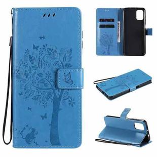 For Motorola Moto G9 Plus Tree & Cat Pattern Pressed Printing Horizontal Flip PU Leather Case with Holder & Card Slots & Wallet & Lanyard(Blue)