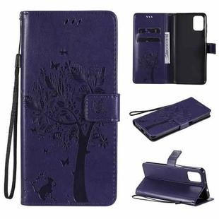 For Motorola Moto G9 Plus Tree & Cat Pattern Pressed Printing Horizontal Flip PU Leather Case with Holder & Card Slots & Wallet & Lanyard(Purple)