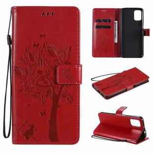 For Motorola Moto G9 Plus Tree & Cat Pattern Pressed Printing Horizontal Flip PU Leather Case with Holder & Card Slots & Wallet & Lanyard(Red)