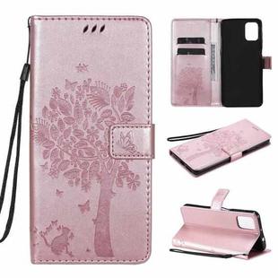 For Motorola Moto G9 Plus Tree & Cat Pattern Pressed Printing Horizontal Flip PU Leather Case with Holder & Card Slots & Wallet & Lanyard(Rose Gold)