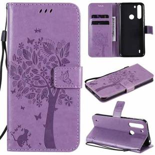 For Motorola One Fusion Tree & Cat Pattern Pressed Printing Horizontal Flip PU Leather Case with Holder & Card Slots & Wallet & Lanyard(Light Purple)