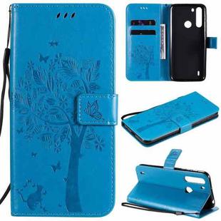 For Motorola One Fusion Tree & Cat Pattern Pressed Printing Horizontal Flip PU Leather Case with Holder & Card Slots & Wallet & Lanyard(Blue)