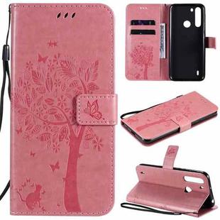 For Motorola One Fusion Tree & Cat Pattern Pressed Printing Horizontal Flip PU Leather Case with Holder & Card Slots & Wallet & Lanyard(Pink)