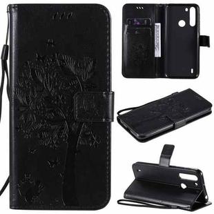 For Motorola One Fusion Tree & Cat Pattern Pressed Printing Horizontal Flip PU Leather Case with Holder & Card Slots & Wallet & Lanyard(Black)