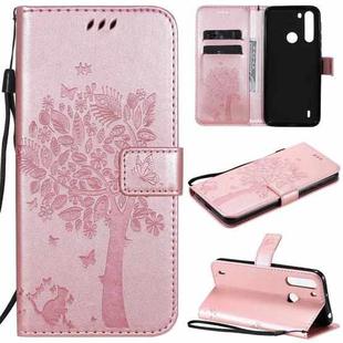For Motorola One Fusion Tree & Cat Pattern Pressed Printing Horizontal Flip PU Leather Case with Holder & Card Slots & Wallet & Lanyard(Rose Gold)