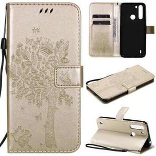 For Motorola One Fusion Tree & Cat Pattern Pressed Printing Horizontal Flip PU Leather Case with Holder & Card Slots & Wallet & Lanyard(Gold)