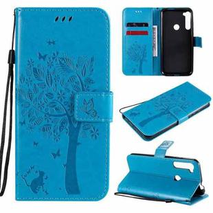 For Motorola One Fusion+ Tree & Cat Pattern Pressed Printing Horizontal Flip PU Leather Case with Holder & Card Slots & Wallet & Lanyard(Blue)