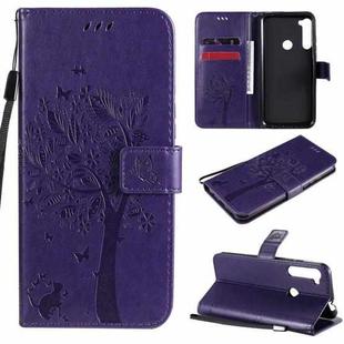 For Motorola One Fusion+ Tree & Cat Pattern Pressed Printing Horizontal Flip PU Leather Case with Holder & Card Slots & Wallet & Lanyard(Purple)