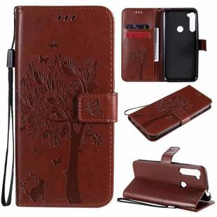 For Motorola One Fusion+ Tree & Cat Pattern Pressed Printing Horizontal Flip PU Leather Case with Holder & Card Slots & Wallet & Lanyard(Brown)