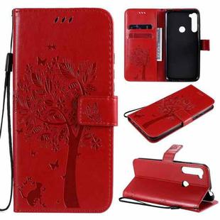 For Motorola One Fusion+ Tree & Cat Pattern Pressed Printing Horizontal Flip PU Leather Case with Holder & Card Slots & Wallet & Lanyard(Red)