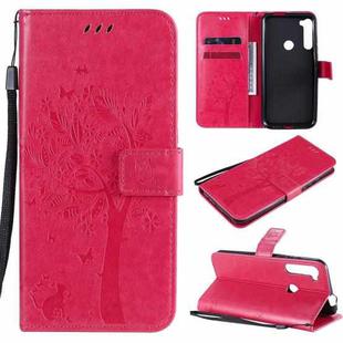 For Motorola One Fusion+ Tree & Cat Pattern Pressed Printing Horizontal Flip PU Leather Case with Holder & Card Slots & Wallet & Lanyard(Rose Red)