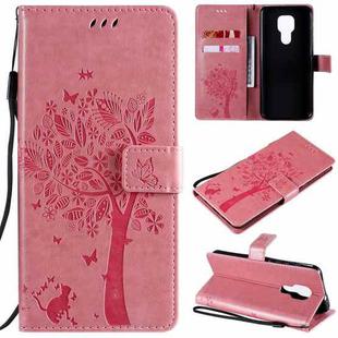 For Motorola Moto G9 Play Tree & Cat Pattern Pressed Printing Horizontal Flip PU Leather Case with Holder & Card Slots & Wallet & Lanyard(Pink)