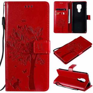 For Motorola Moto G9 Play Tree & Cat Pattern Pressed Printing Horizontal Flip PU Leather Case with Holder & Card Slots & Wallet & Lanyard(Red)