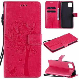 For Huawei Enjoy 20 5G Tree & Cat Pattern Pressed Printing Horizontal Flip PU Leather Case with Holder & Card Slots & Wallet & Lanyard(Rose Red)