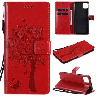 For Huawei Enjoy 20 5G Tree & Cat Pattern Pressed Printing Horizontal Flip PU Leather Case with Holder & Card Slots & Wallet & Lanyard(Red)