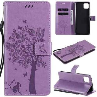 For Huawei Enjoy 20 5G Tree & Cat Pattern Pressed Printing Horizontal Flip PU Leather Case with Holder & Card Slots & Wallet & Lanyard(Light Purple)