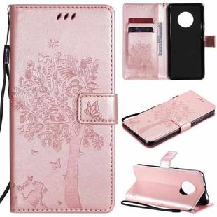 For Huawei Enjoy 20 Plus 5G Tree & Cat Pattern Pressed Printing Horizontal Flip PU Leather Case with Holder & Card Slots & Wallet & Lanyard(Rose Gold)