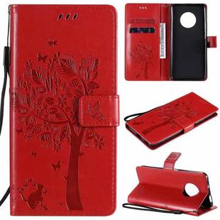 For Huawei Enjoy 20 Plus 5G Tree & Cat Pattern Pressed Printing Horizontal Flip PU Leather Case with Holder & Card Slots & Wallet & Lanyard(Red)