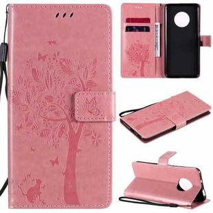 For Huawei Enjoy 20 Plus 5G Tree & Cat Pattern Pressed Printing Horizontal Flip PU Leather Case with Holder & Card Slots & Wallet & Lanyard(Pink)