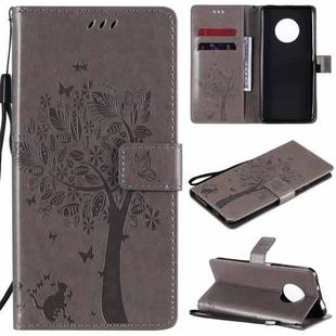 For Huawei Enjoy 20 Plus 5G Tree & Cat Pattern Pressed Printing Horizontal Flip PU Leather Case with Holder & Card Slots & Wallet & Lanyard(Grey)