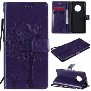 For Huawei Enjoy 20 Plus 5G Tree & Cat Pattern Pressed Printing Horizontal Flip PU Leather Case with Holder & Card Slots & Wallet & Lanyard(Purple)