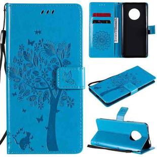 For Huawei Enjoy 20 Plus 5G Tree & Cat Pattern Pressed Printing Horizontal Flip PU Leather Case with Holder & Card Slots & Wallet & Lanyard(Blue)