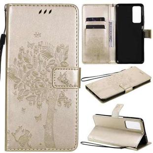 For Huawei Honor Play4 Tree & Cat Pattern Pressed Printing Horizontal Flip PU Leather Case with Holder & Card Slots & Wallet & Lanyard(Gold)