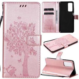 For Huawei Honor Play4 Tree & Cat Pattern Pressed Printing Horizontal Flip PU Leather Case with Holder & Card Slots & Wallet & Lanyard(Rose Gold)