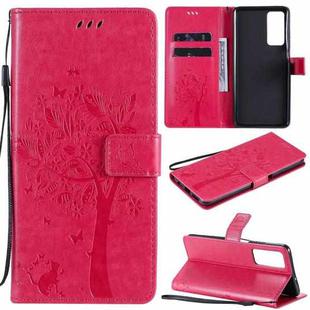 For Huawei Honor Play4 Tree & Cat Pattern Pressed Printing Horizontal Flip PU Leather Case with Holder & Card Slots & Wallet & Lanyard(Rose Red)