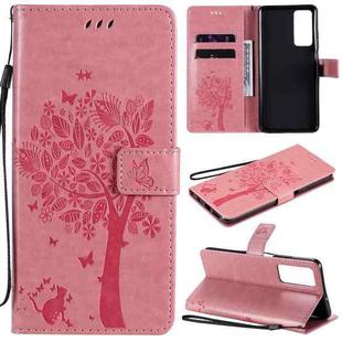 For Huawei Honor Play4 Tree & Cat Pattern Pressed Printing Horizontal Flip PU Leather Case with Holder & Card Slots & Wallet & Lanyard(Pink)