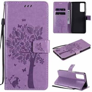 For Huawei Honor Play4 Tree & Cat Pattern Pressed Printing Horizontal Flip PU Leather Case with Holder & Card Slots & Wallet & Lanyard(Light Purple)