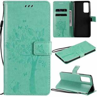 For Huawei Honor Play4 Tree & Cat Pattern Pressed Printing Horizontal Flip PU Leather Case with Holder & Card Slots & Wallet & Lanyard(Green)