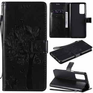 For Huawei Maimang 9 Tree & Cat Pattern Pressed Printing Horizontal Flip PU Leather Case with Holder & Card Slots & Wallet & Lanyard(Black)