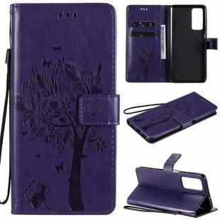 For Huawei Maimang 9 Tree & Cat Pattern Pressed Printing Horizontal Flip PU Leather Case with Holder & Card Slots & Wallet & Lanyard(Purple)