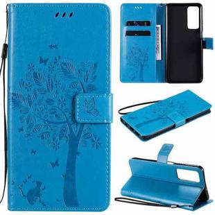 For Huawei Maimang 9 Tree & Cat Pattern Pressed Printing Horizontal Flip PU Leather Case with Holder & Card Slots & Wallet & Lanyard(Blue)