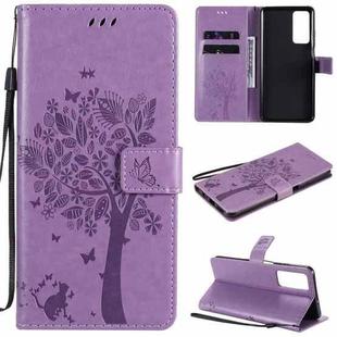 For Huawei Maimang 9 Tree & Cat Pattern Pressed Printing Horizontal Flip PU Leather Case with Holder & Card Slots & Wallet & Lanyard(Light Purple)