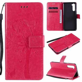 For OnePlus Nord Tree & Cat Pattern Pressed Printing Horizontal Flip PU Leather Case with Holder & Card Slots & Wallet & Lanyard(Rose Red)