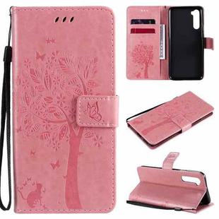 For OnePlus Nord Tree & Cat Pattern Pressed Printing Horizontal Flip PU Leather Case with Holder & Card Slots & Wallet & Lanyard(Pink)