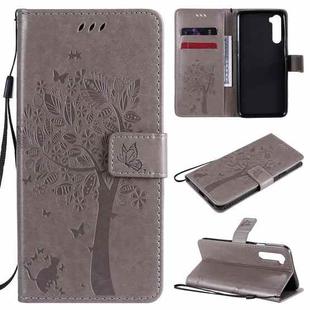 For OnePlus Nord Tree & Cat Pattern Pressed Printing Horizontal Flip PU Leather Case with Holder & Card Slots & Wallet & Lanyard(Grey)